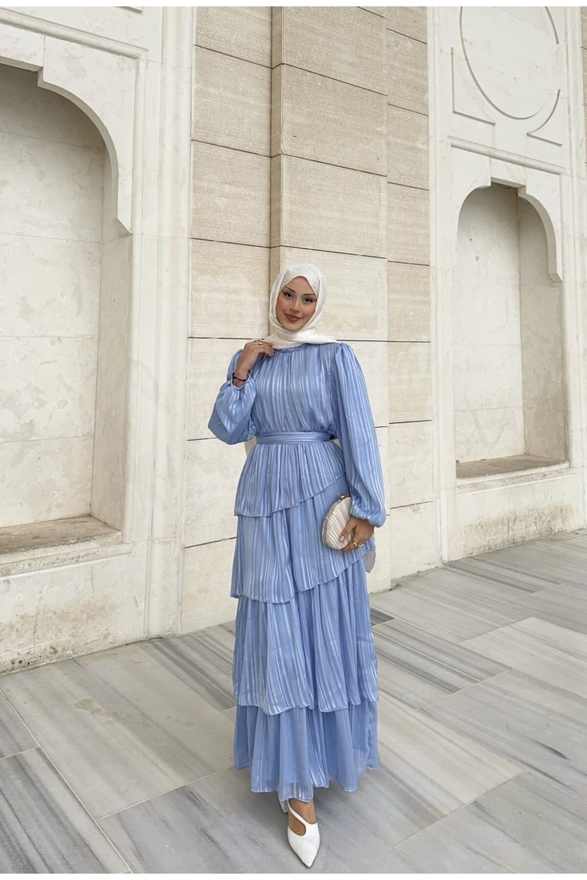 Belted Ruffle-Detail Chiffon Modest Dress - Baby Blue - THEK BUTİK
