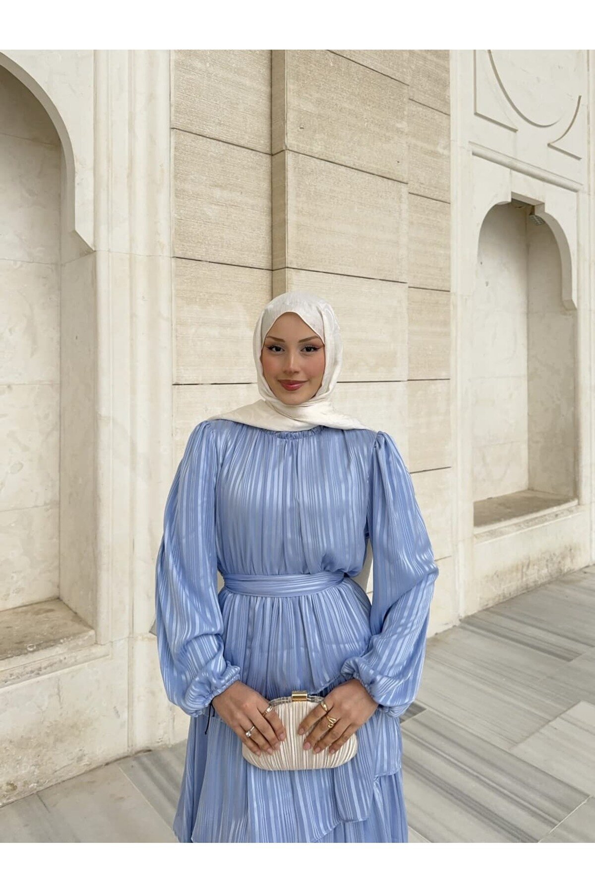 Belted Ruffle-Detail Chiffon Modest Dress - Baby Blue - THEK BUTİK