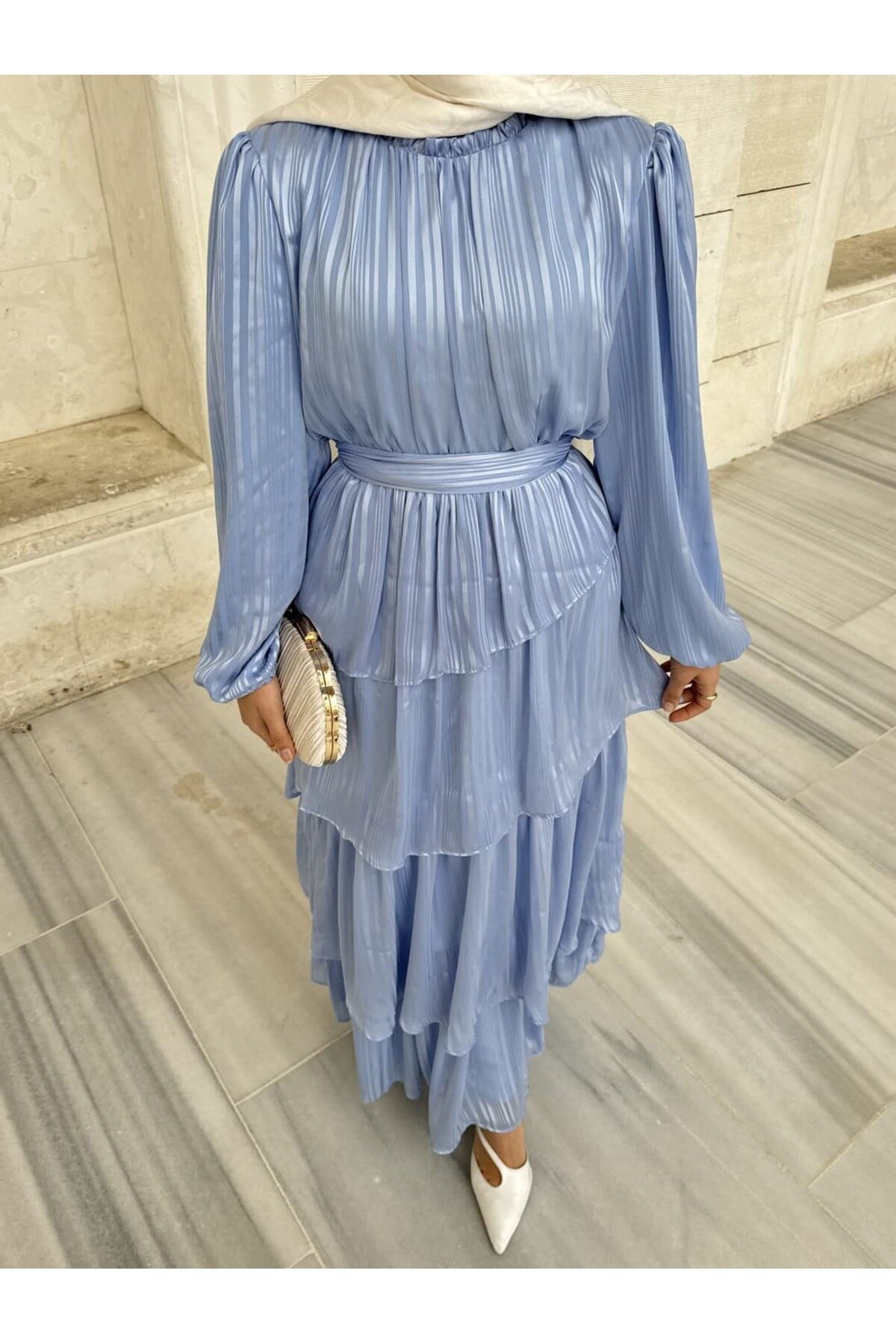 Belted Ruffle-Detail Chiffon Modest Dress - Baby Blue - THEK BUTİK