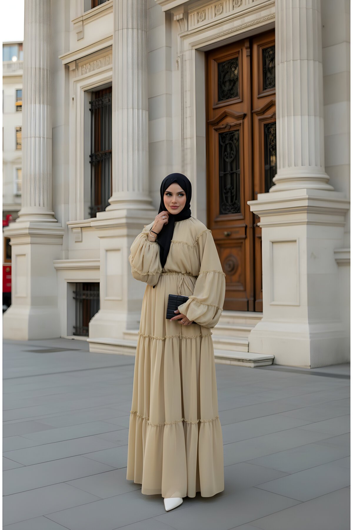 Bej Şifon Fırfır Geçişli Elbise - THEK BUTİK