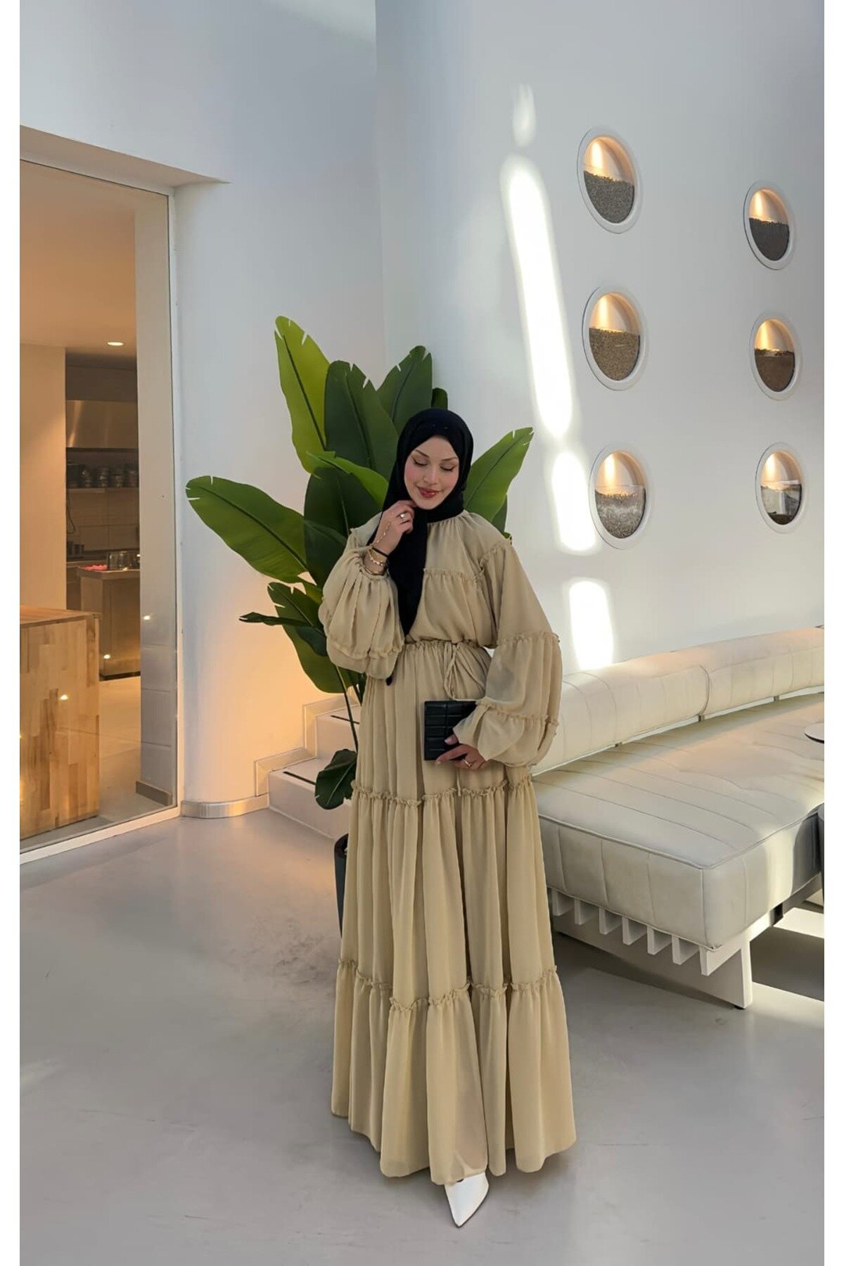 Chiffon Ruffle-Transition Modest Dress - Beige - THEK BUTİK