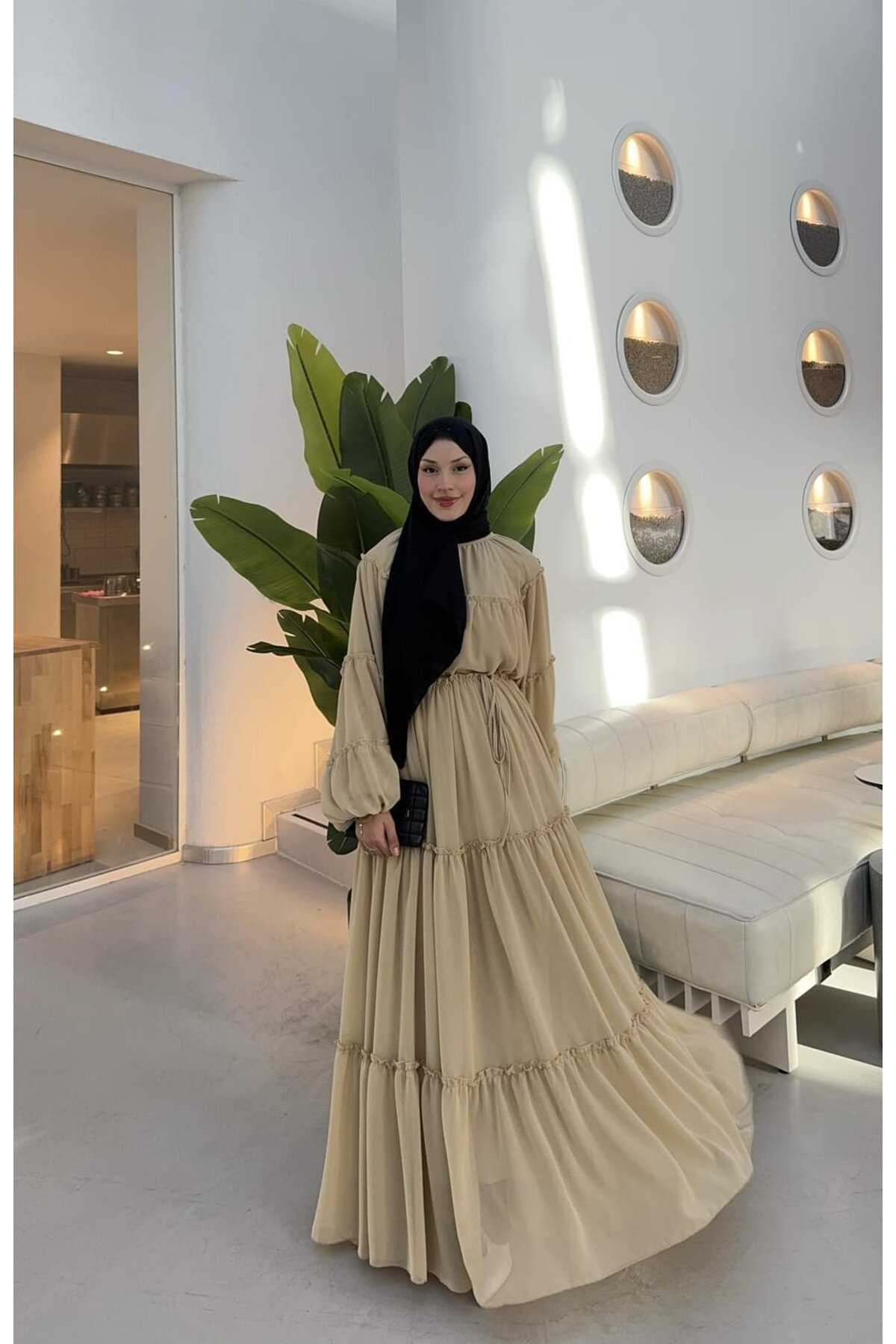 Chiffon Ruffle-Transition Modest Dress - Beige - THEK BUTİK