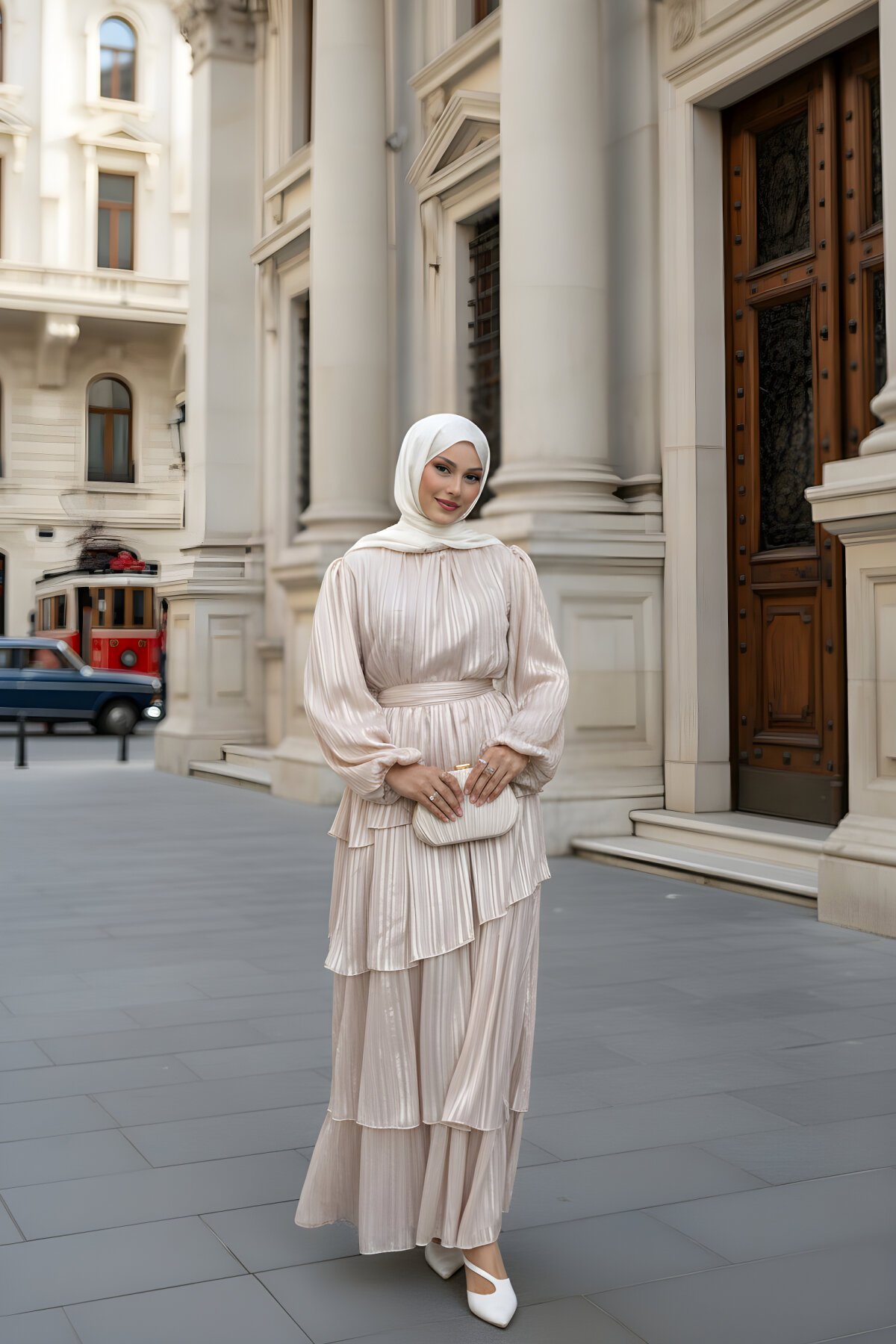 Bej Şifon Volan Detaylı Kuşaklı Elbise - THEK BUTİK