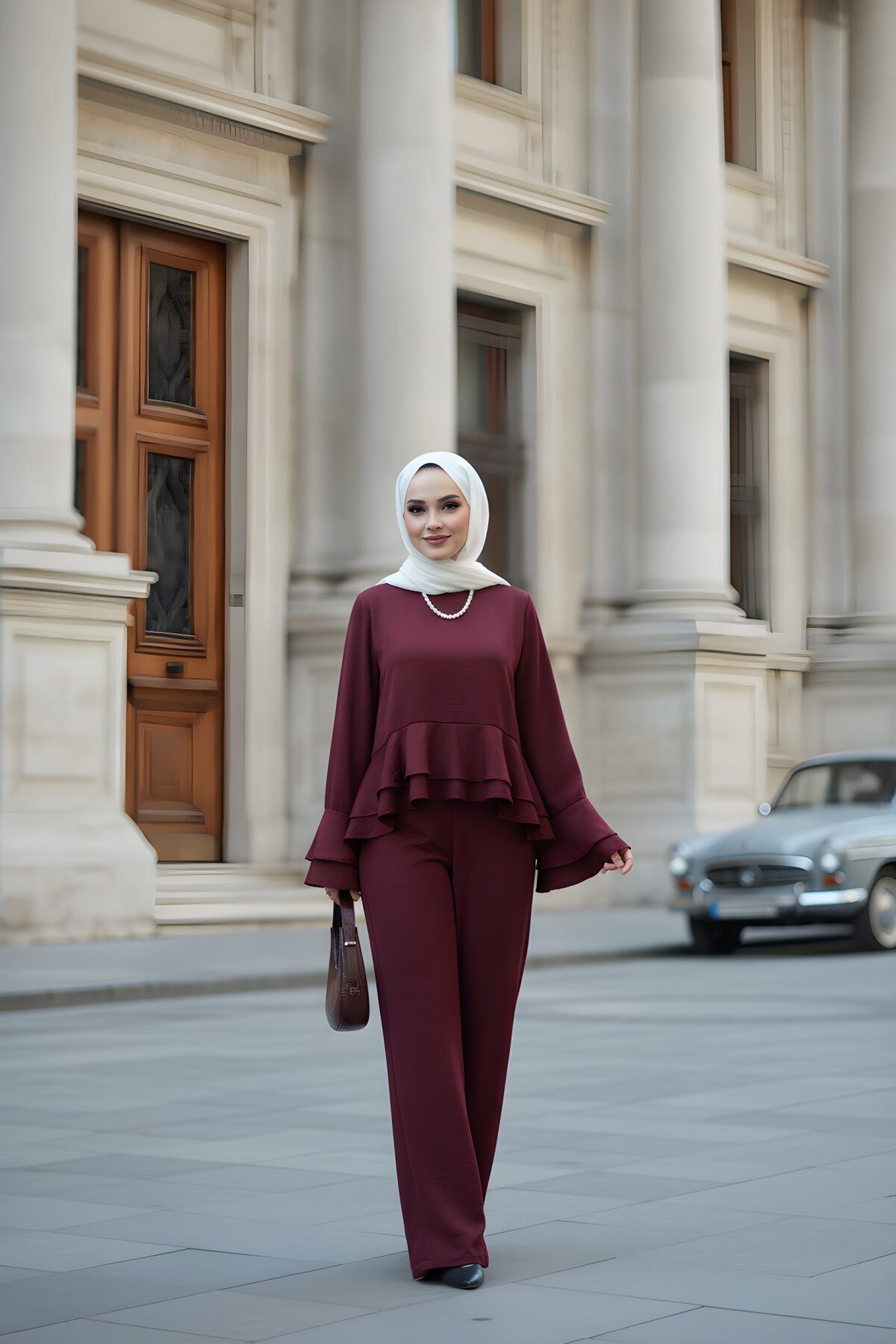 Bordo Saten İkili Volan Detaylı Tesettür Takım - THEK BUTİK