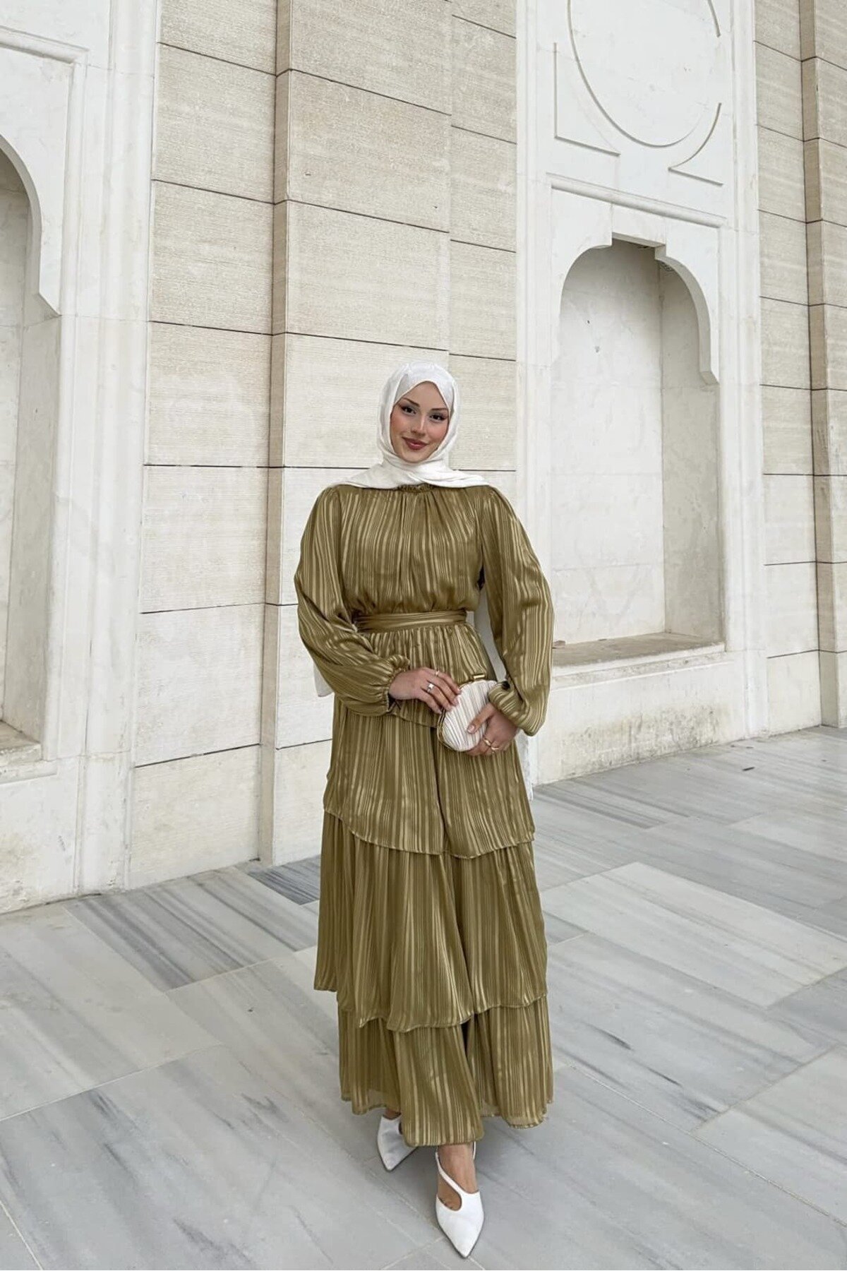 Modest Chiffon Belted Ruffle-Detail Dress - Khaki - THEK BUTİK