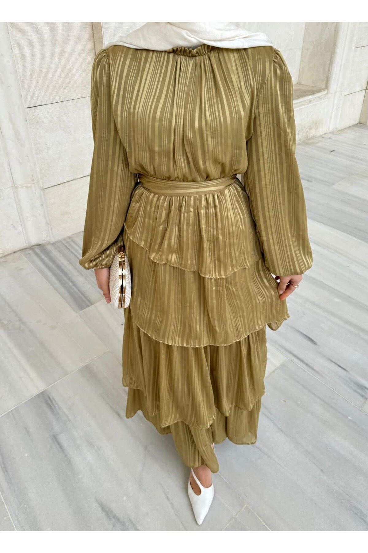 Modest Chiffon Belted Ruffle-Detail Dress - Khaki - THEK BUTİK