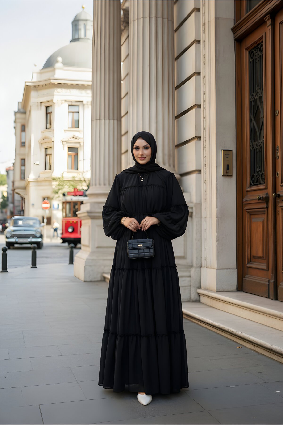 Siyah Fırfır Geçişli Şifon Elbise - THEK BUTİK