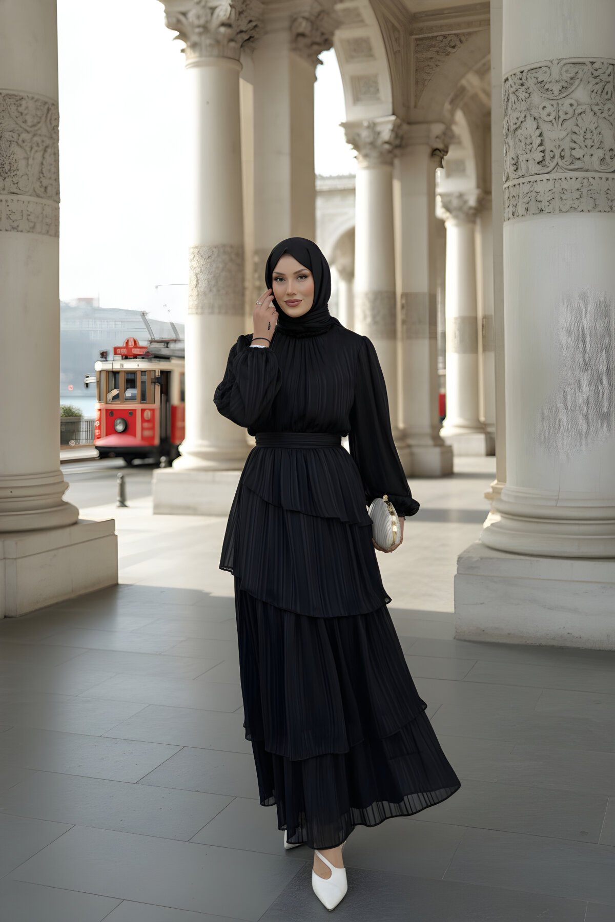 Siyah Volan Detaylı Kuşaklı Şifon Elbise - THEK BUTİK