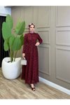 Bordo Flok Desen Kuşaklı Elbise