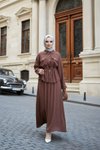 Kahve İkili Tesettür Modal Tünel Bel Etekli Takım
