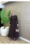 Kahverengi Flok Desen Kuşaklı Elbise