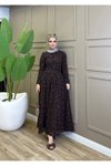Kahverengi Flok Desen Kuşaklı Elbise