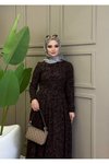 Kahverengi Flok Desen Kuşaklı Elbise