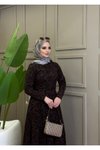 Kahverengi Flok Desen Kuşaklı Elbise