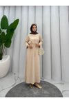 Krem Tünelli Tesettür Elbise
