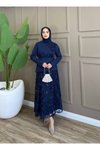 Lacivert Çiçek Dokulu Zarif İkili Tesettür Takım