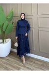 Lacivert Çiçek Dokulu Zarif İkili Tesettür Takım