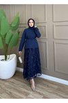 Lacivert Çiçek Dokulu Zarif İkili Tesettür Takım