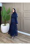 Lacivert Çiçek Dokulu Zarif İkili Tesettür Takım