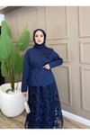 Lacivert Çiçek Dokulu Zarif İkili Tesettür Takım