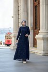 Lacivert Flok Desen Kuşaklı Elbise