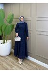 Lacivert Flok Desen Kuşaklı Elbise