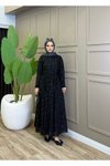 Siyah Flok Desen Kuşaklı Elbise