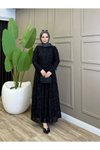 Siyah Flok Desen Kuşaklı Elbise