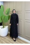 Siyah Flok Desen Kuşaklı Elbise