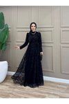 Siyah Flok Desen Tül Abiye Elbise