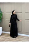 Siyah Flok Desen Tül Abiye Elbise