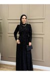 Siyah Flok Desen Tül Abiye Elbise
