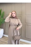 Vizon Kruvaze Bej Bağlamalı Elbise