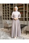 Gri Kristal Taş İşlemeli Saten Abiye Elbise