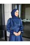 Lacivert Saten Uzun Abiye Elbise