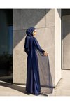 Lacivert Şifon Detaylı Saten Abiye Elbise