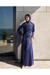 Lacivert Şifon Detaylı Saten Abiye Elbise