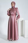 Pembe Simli Saten Abiye Elbise