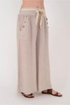 Bej Otantik İtalyan Korsajlı Düğme Detaylı Bol Paça Keten Pantolon