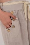 Bej Otantik İtalyan Korsajlı Düğme Detaylı Bol Paça Keten Pantolon
