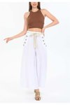 Beyaz Otantik Bol Paçalı İtalyan Korsajlı Düğme Detaylı Kemerli Keten Pantolon