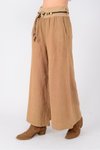 Camel İtalyan Korsajlı Tokalı Kemerli Bol Paça Keten Pantolon
