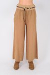 Camel İtalyan Korsajlı Tokalı Kemerli Bol Paça Keten Pantolon