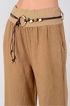 Camel İtalyan Korsajlı Tokalı Kemerli Bol Paça Keten Pantolon