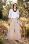 Krem İtalyan Korsajlı Tokalı Kemerli Bol Paça Keten Pantolon