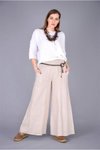 Krem İtalyan Korsajlı Tokalı Kemerli Bol Paça Keten Pantolon