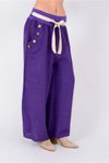 Mor Otantik Bol Paça İtalyan Korsajlı Düğme Detaylı Keten Pantolon