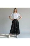 Siyah Pileli Deri Görünümlü Kelebek ve Taş Detaylı Pamuklu Viskon Etek