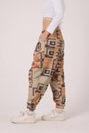 Bej Baskılı Sokak Tarzı Spor Şalvar Bürümcük Pantolon