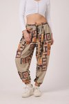 Bej Baskılı Sokak Tarzı Spor Şalvar Bürümcük Pantolon